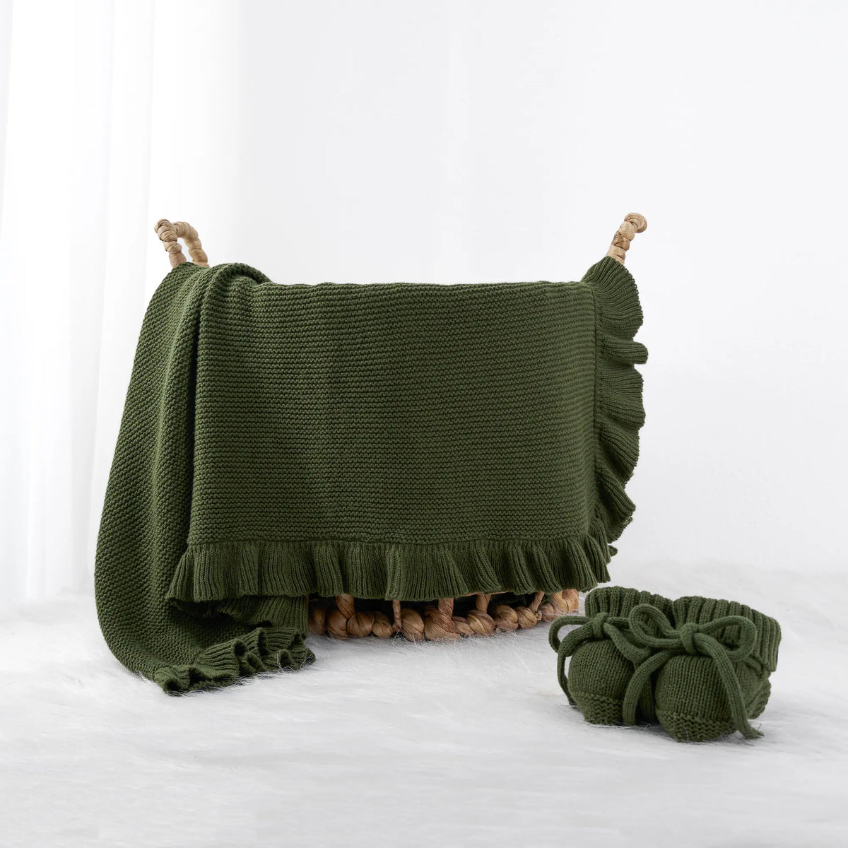 Ruffled Edge Knit Baby Blanket in Forest Green