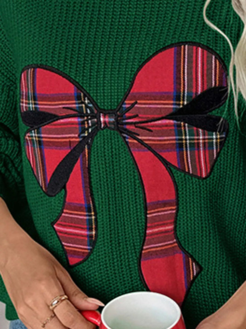 Plaid Bow Round Neck Christmas Sweater