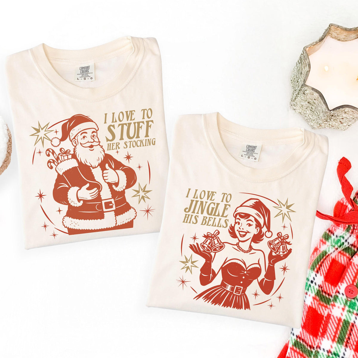 Funny Matching Christmas Shirts, Naughty Santa Couple Tee Set