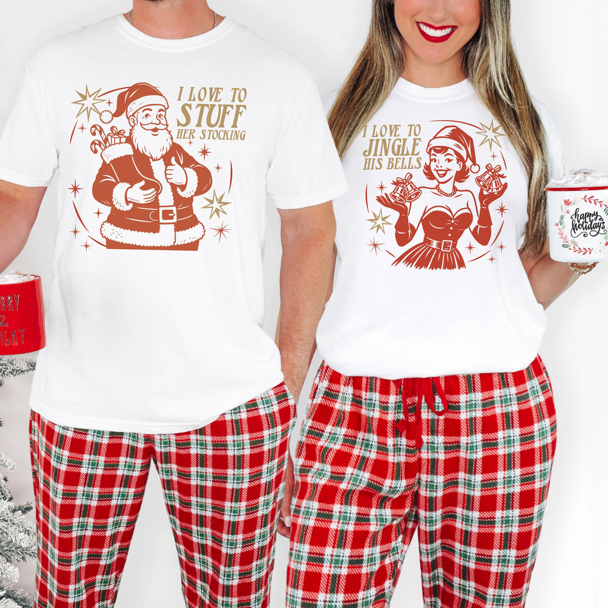 Funny Matching Christmas Shirts, Naughty Santa Couple Tee Set