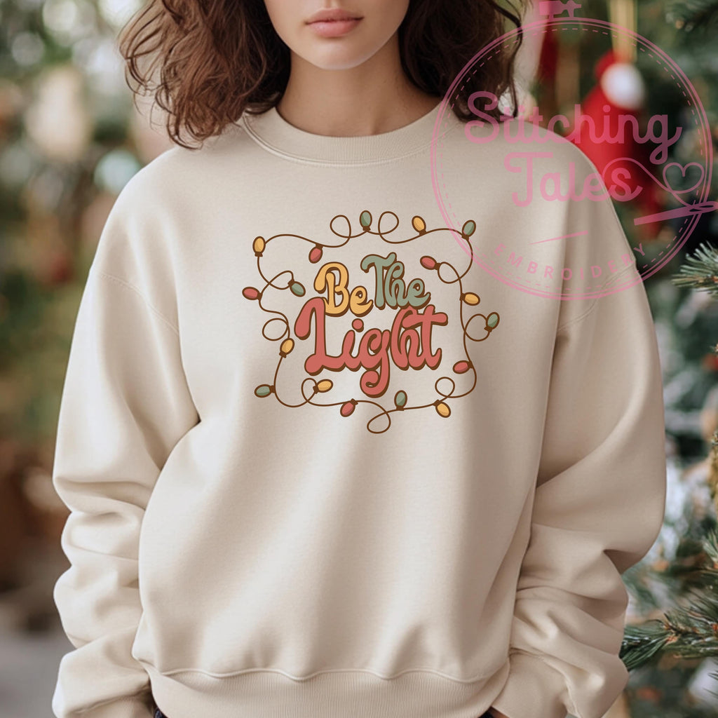 Be The Light Sweatshirt, Pink Christmas Lights Crewneck, Gildan 18000