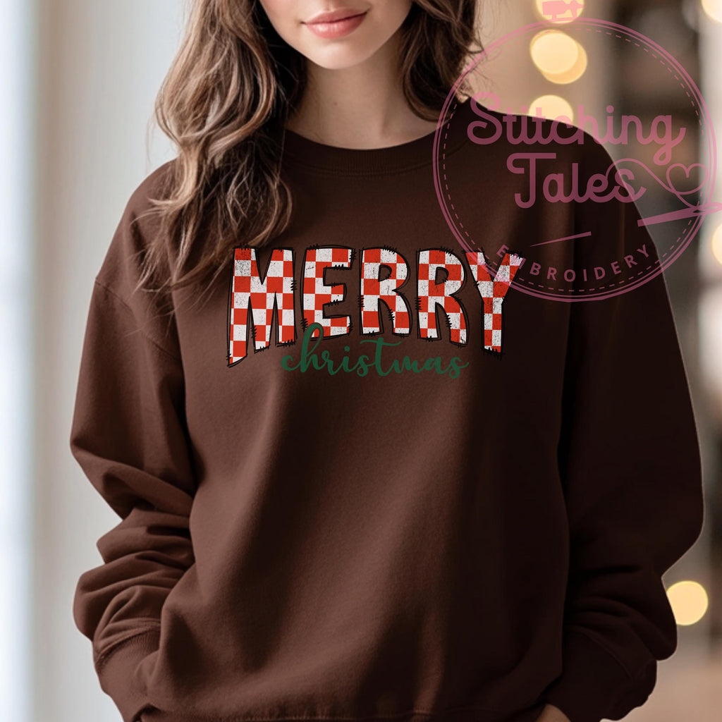 Merry Christmas Checkered Crewneck Sweatshirt, Festive Holiday Top