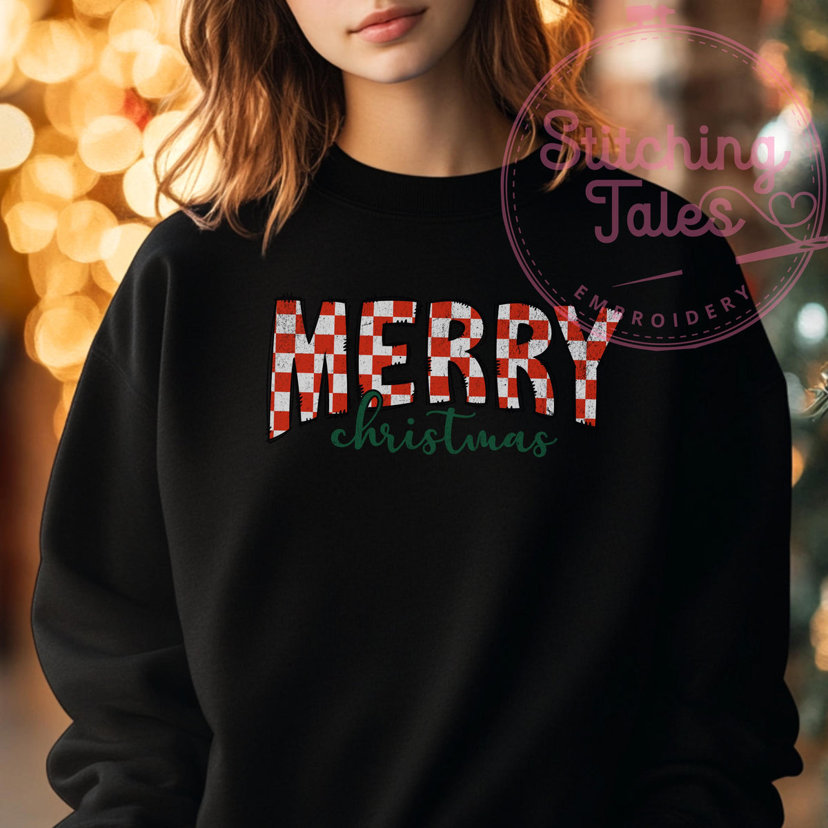 Merry Christmas Checkered Crewneck Sweatshirt, Festive Holiday Top