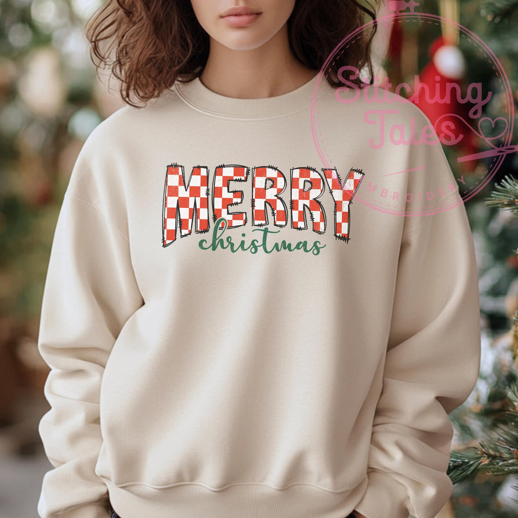 Merry Christmas Checkered Crewneck Sweatshirt, Festive Holiday Top