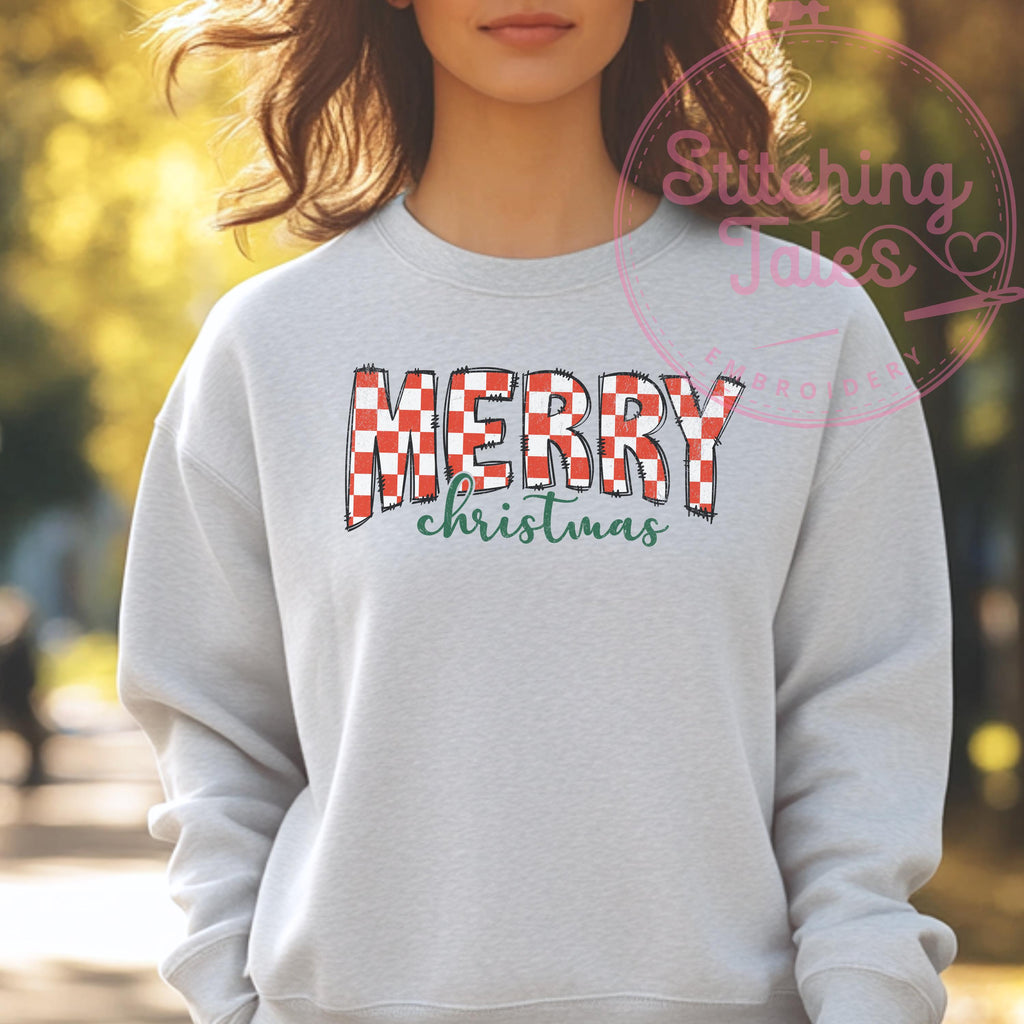 Merry Christmas Checkered Crewneck Sweatshirt, Festive Holiday Top