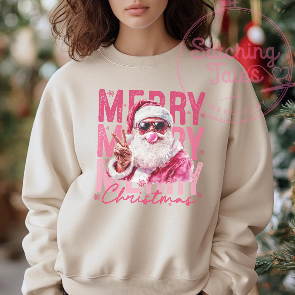 Pink Santa Christmas Sweatshirt, Retro Xmas Pullover, Gildan