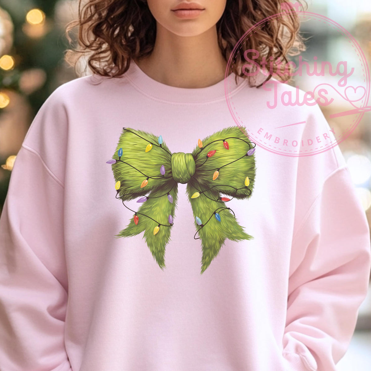Grinch Bow Christmas Sweatshirt, Funny Holiday Lights Crewneck