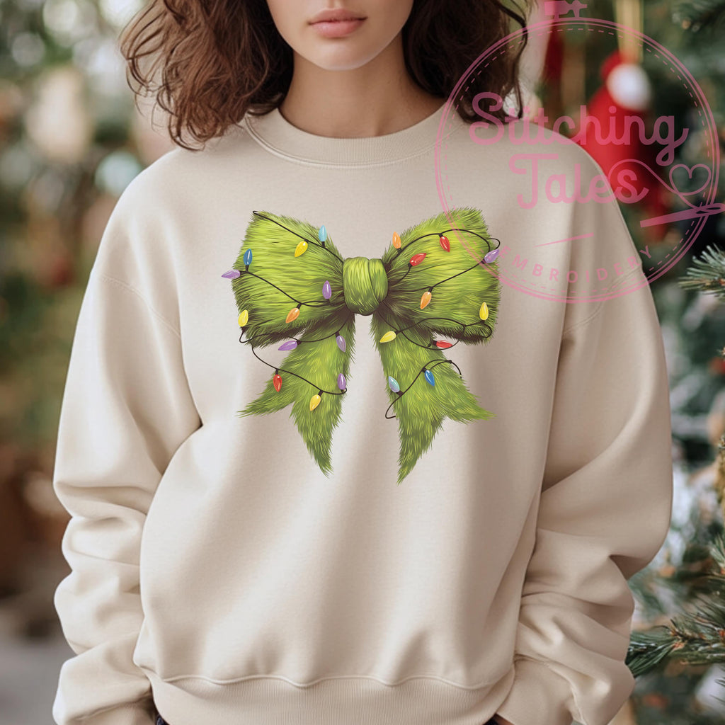 Grinch Bow Christmas Sweatshirt, Funny Holiday Lights Crewneck