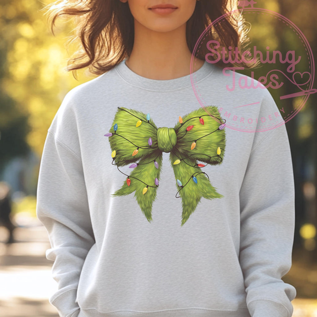 Grinch Bow Christmas Sweatshirt, Funny Holiday Lights Crewneck