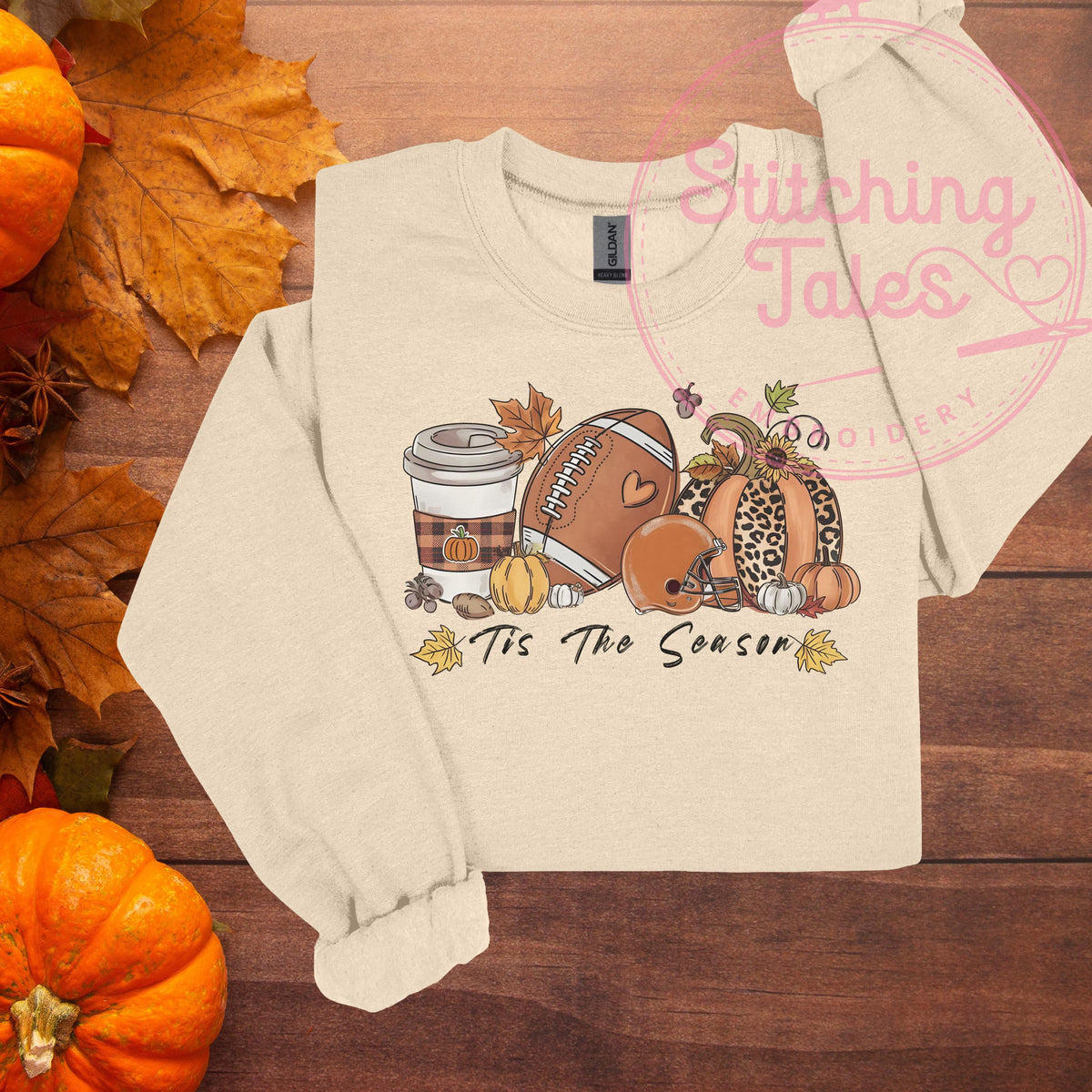 Fall Football Sweatshirt, Leopard Pumpkin, Coffee Latte Crewneck