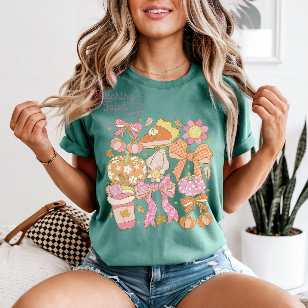 Coquette Fall T-Shirt, Girly Pumpkin Bows, Comfort Colors Tee