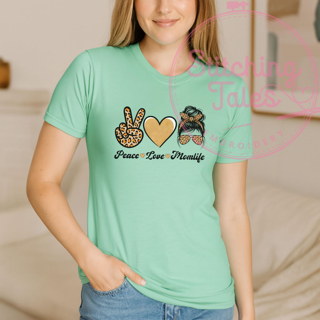 Peace Love Momlife Shirt, Leopard Print Mom Tee, Gildan 64000