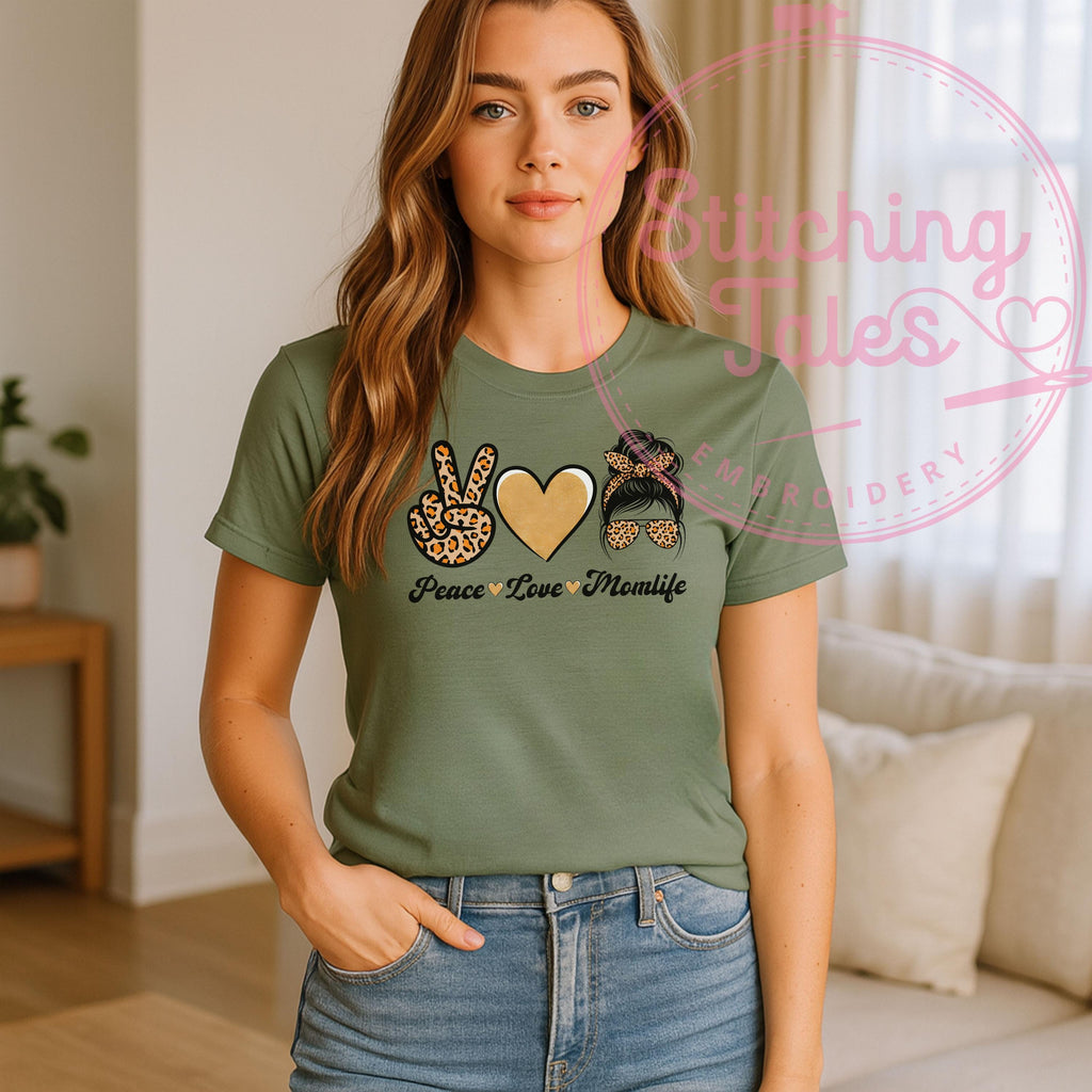 Peace Love Momlife Shirt, Leopard Print Mom Tee, Gildan 64000