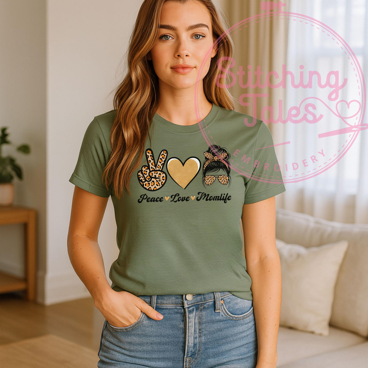 Peace Love Momlife Shirt, Leopard Print Mom Tee, Gildan 64000