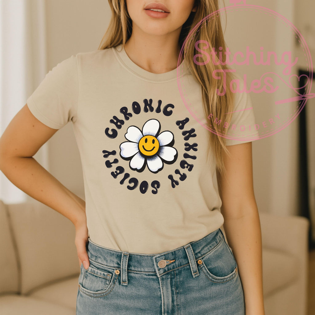 Chronic Anxiety Society Tee, Retro Smiley Flower Graphic, Sarcastic Humor