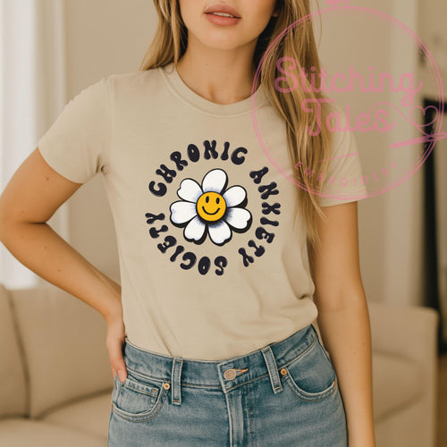 Chronic Anxiety Society Tee, Retro Smiley Flower Graphic, Sarcastic Humor