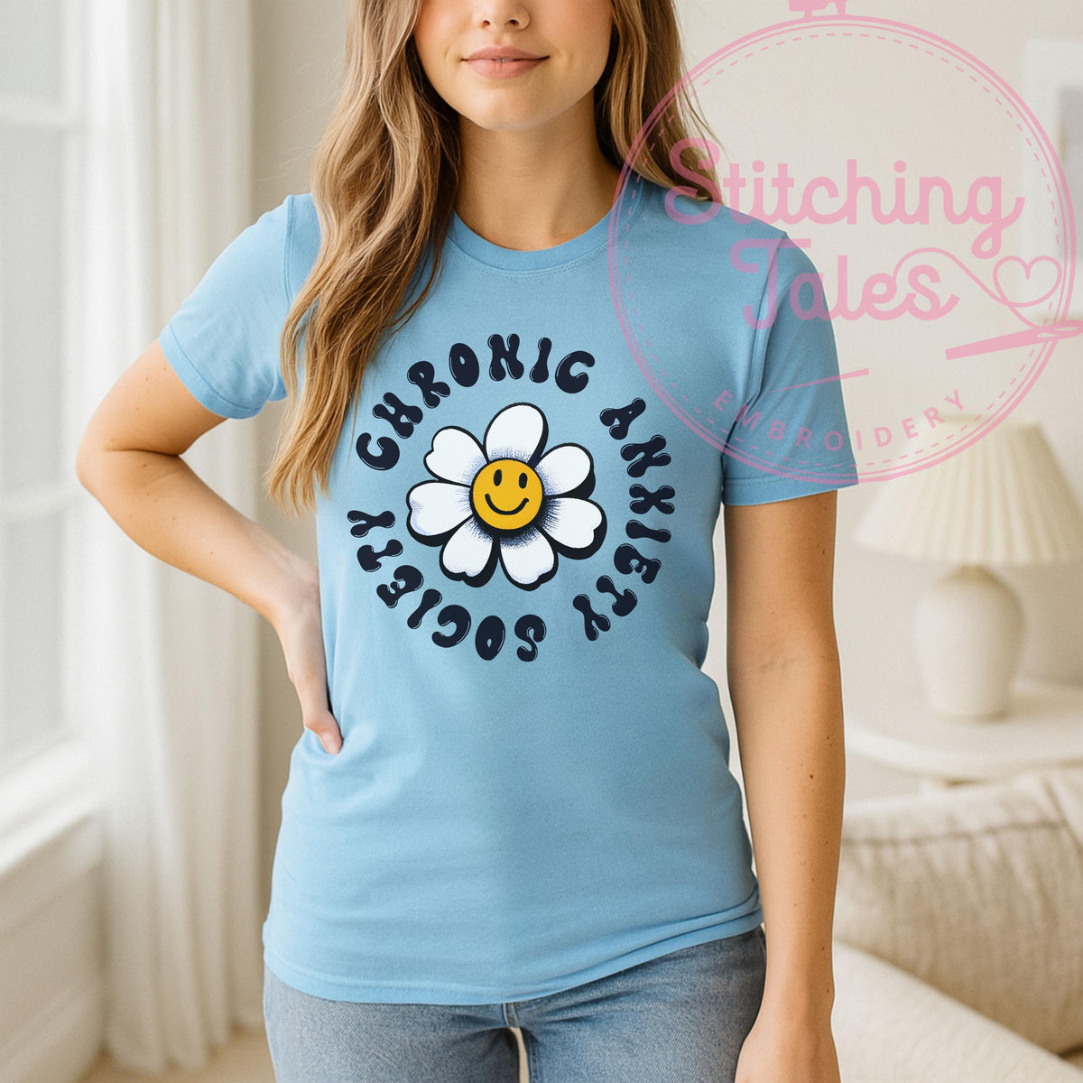 Chronic Anxiety Society Tee, Retro Smiley Flower Graphic, Sarcastic Humor