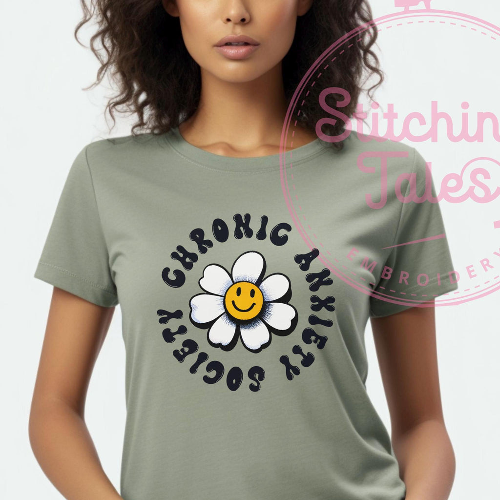 Chronic Anxiety Society Tee, Retro Smiley Flower Graphic, Sarcastic Humor