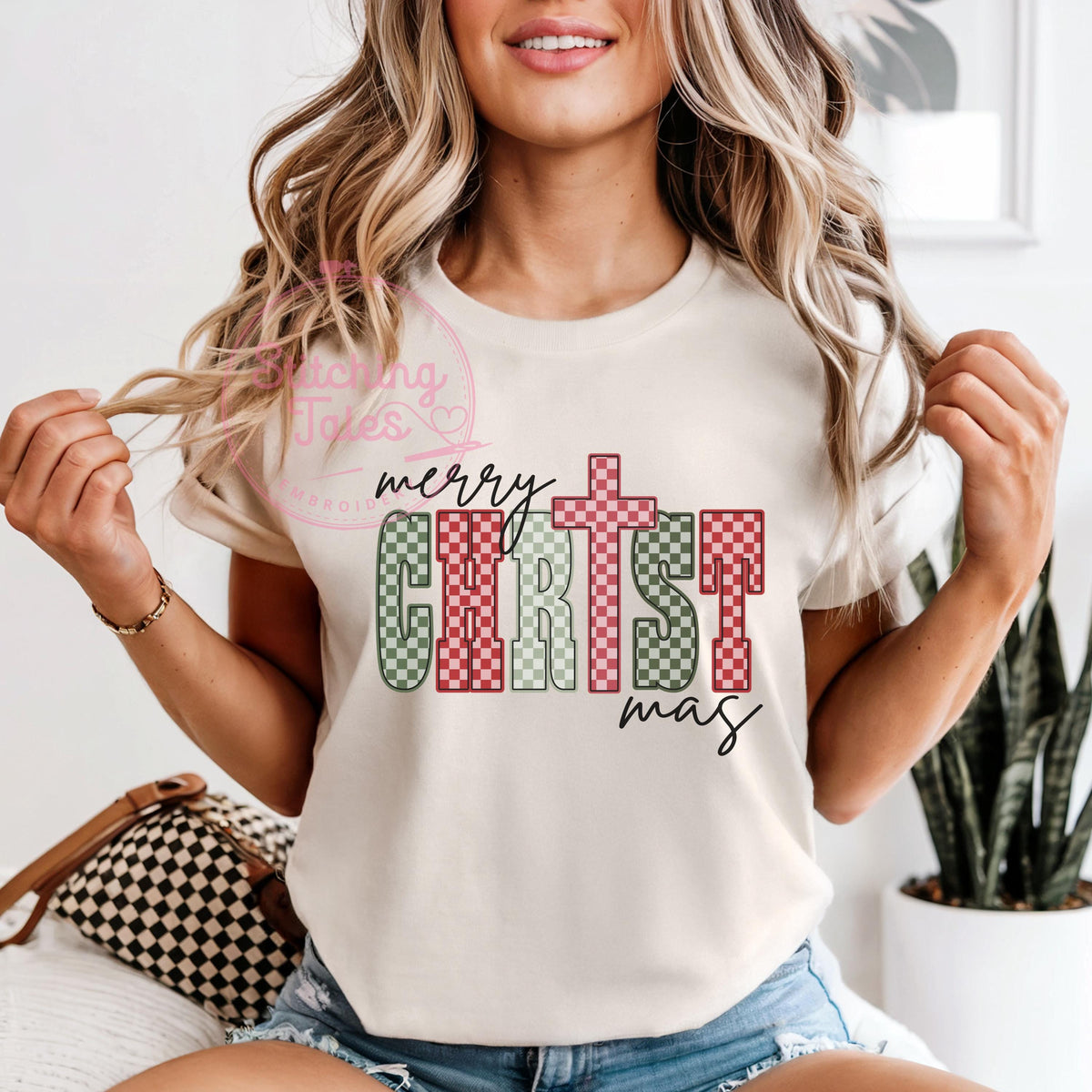 Merry Christmas Tee, Plaid Cross, Comfort Colors Shirt