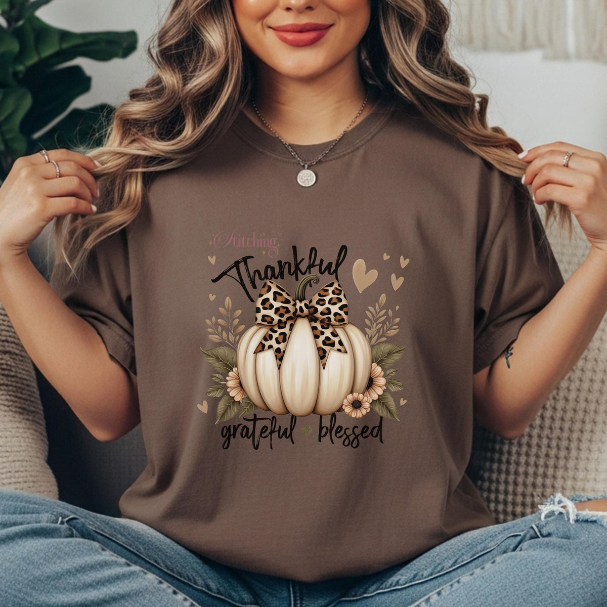 Thankful Grateful Blessed Shirt, Leopard Bow Pumpkin Tee, Comfort Colors