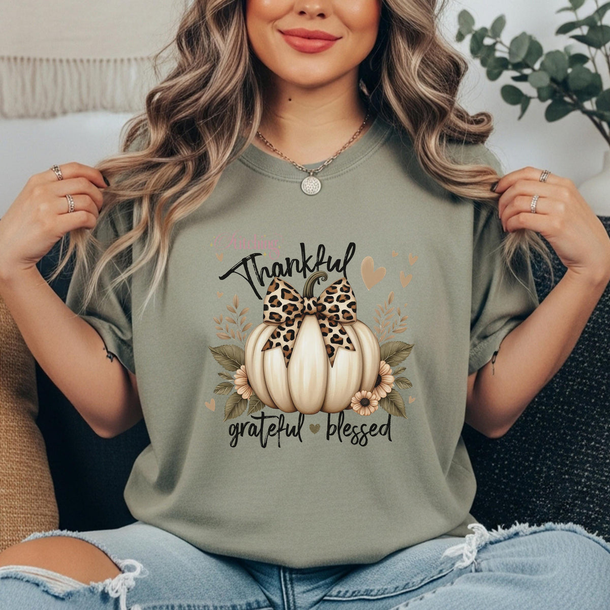 Thankful Grateful Blessed Shirt, Leopard Bow Pumpkin Tee, Comfort Colors