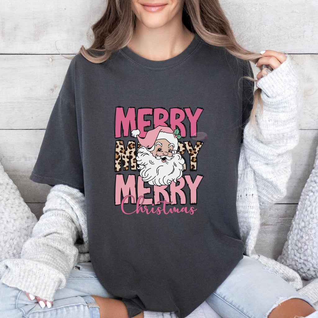 Pink Santa Christmas Shirt, Retro Leopard Print Tee