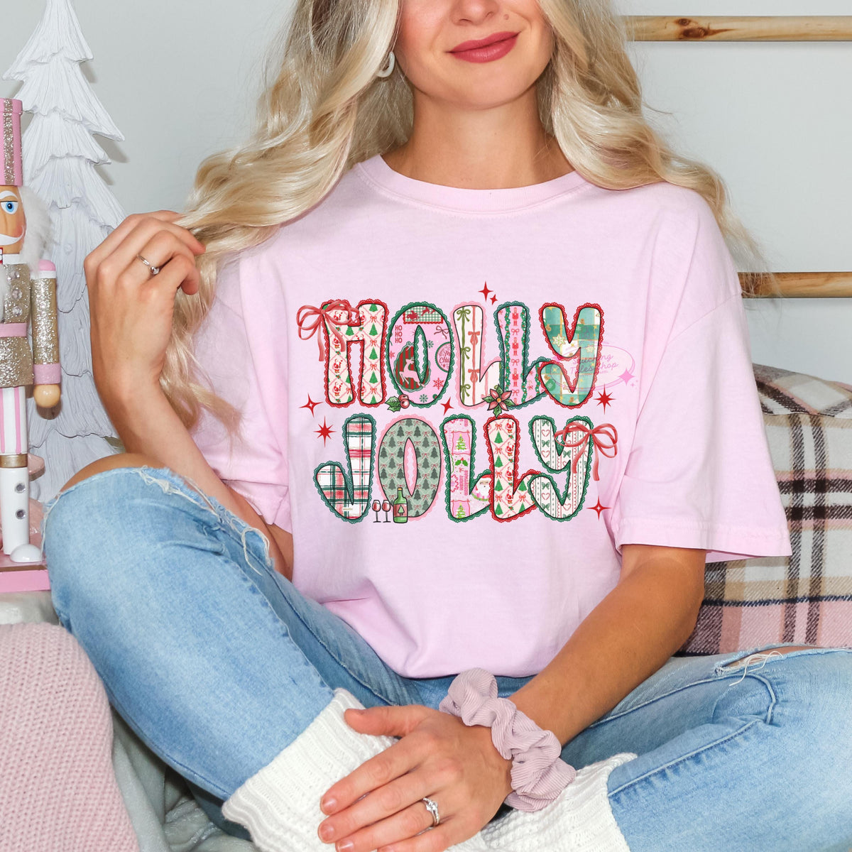 Holly Jolly Christmas Sweatshirt, Pink Festive Crewneck