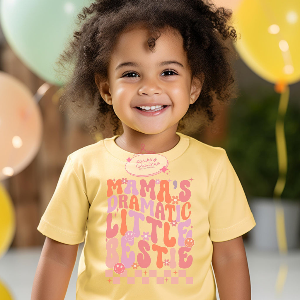 Mama's Dramatic Little Bestie Toddler Shirt, Retro Groovy Tee