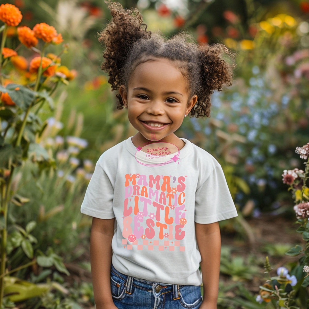 Mama's Dramatic Little Bestie Toddler Shirt, Retro Groovy Tee