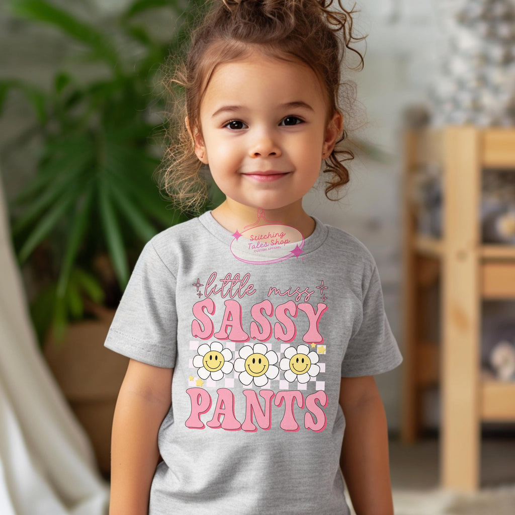 Little Miss Sassy Pants Toddler Tee, Retro Smiley Flower, Bella Canvas 3001T