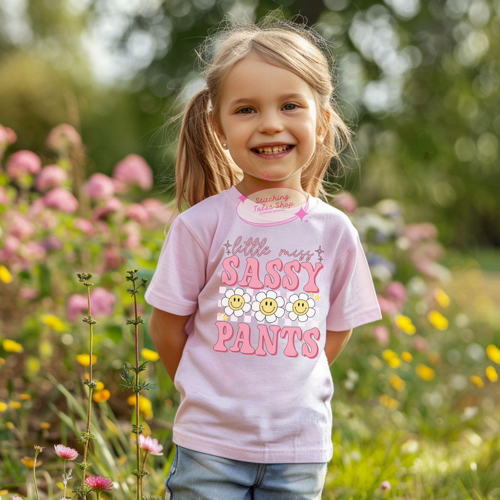 Little Miss Sassy Pants Toddler Tee, Retro Smiley Flower, Bella Canvas 3001T