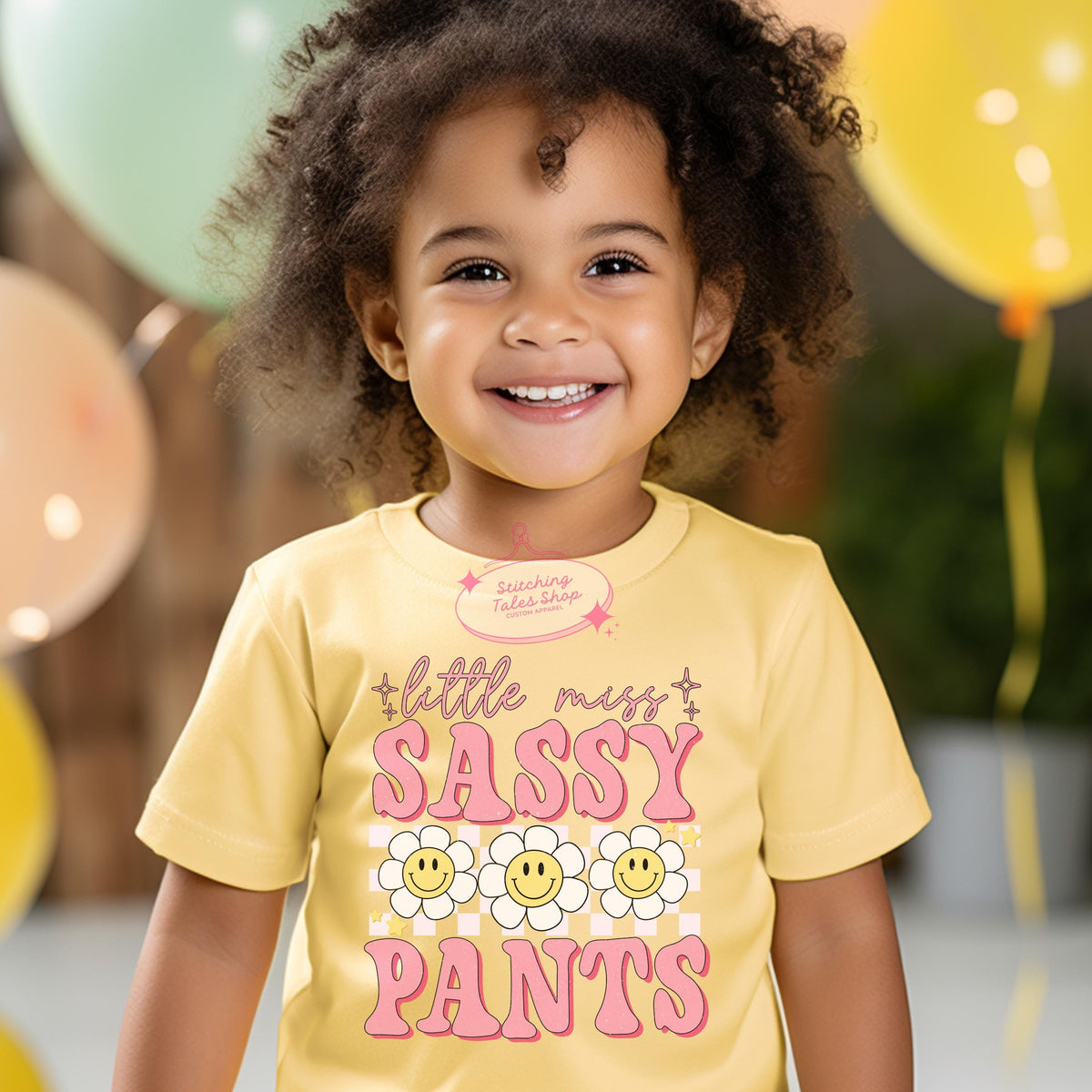 Little Miss Sassy Pants Toddler Tee, Retro Smiley Flower, Bella Canvas 3001T