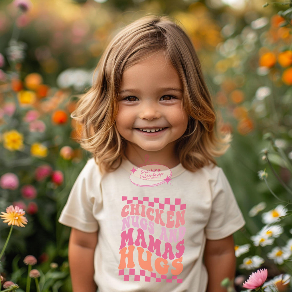Chicken Nugs Mama's Hugs Toddler Tee, Retro Groovy Kids Shirt
