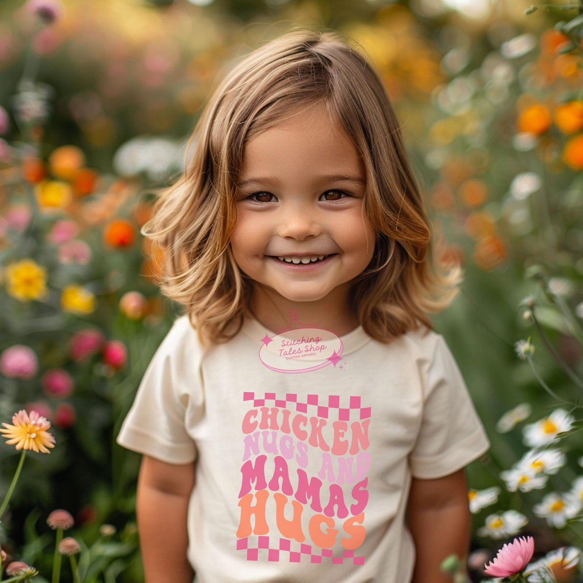 Chicken Nugs Mama's Hugs Toddler Tee, Retro Groovy Kids Shirt