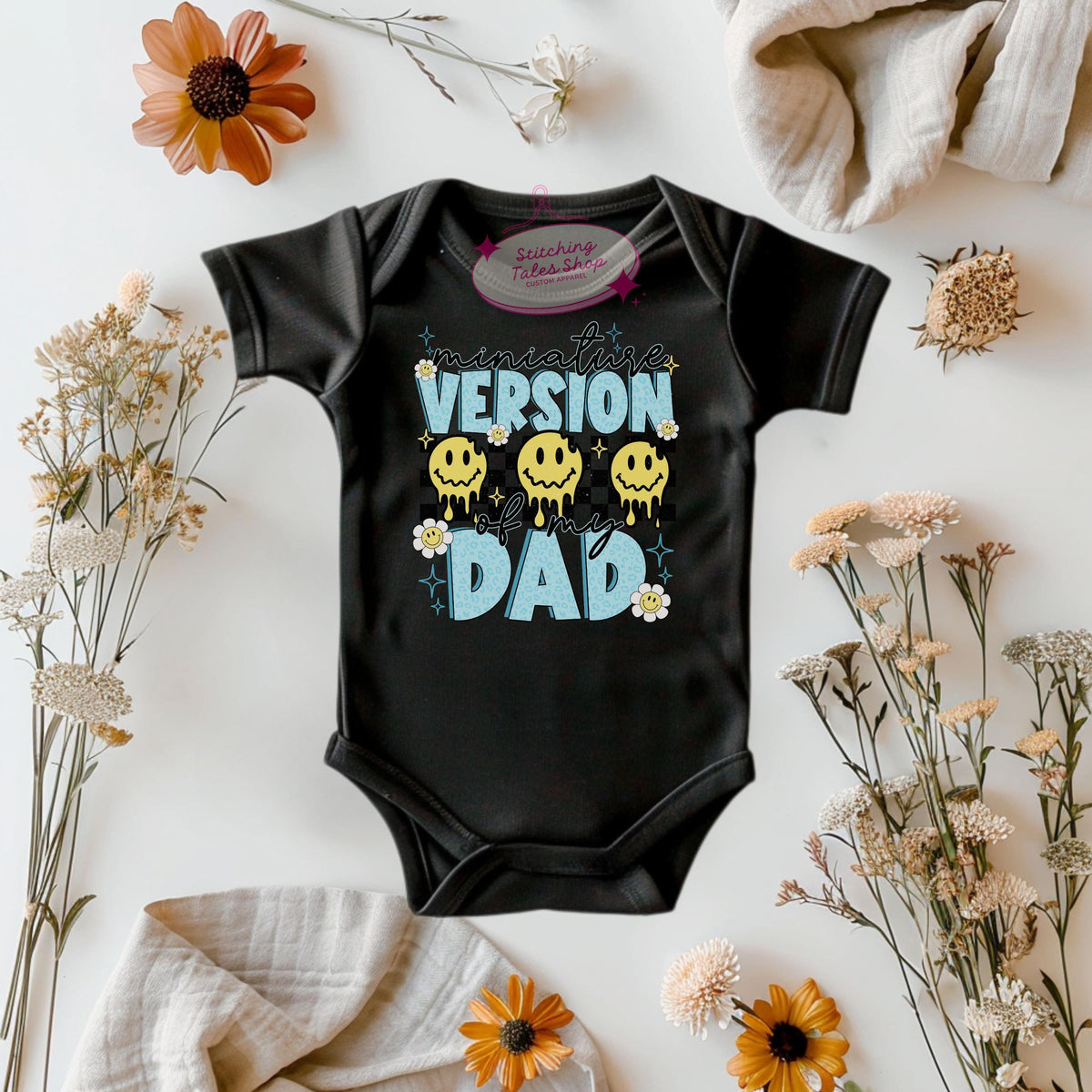 Miniature Dad Bodysuit, Retro Smiley Face Baby Outfit, Father's Day Gift