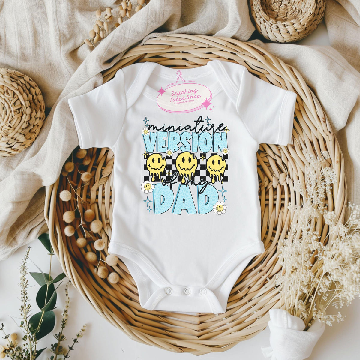 Miniature Dad Bodysuit, Retro Smiley Face Baby Outfit, Father's Day Gift