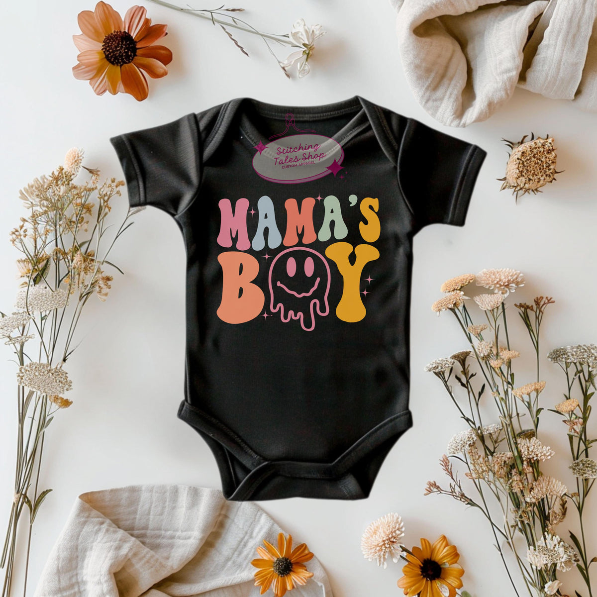 Mama's Boy Baby Onesie, Retro Smiley Face Bodysuit