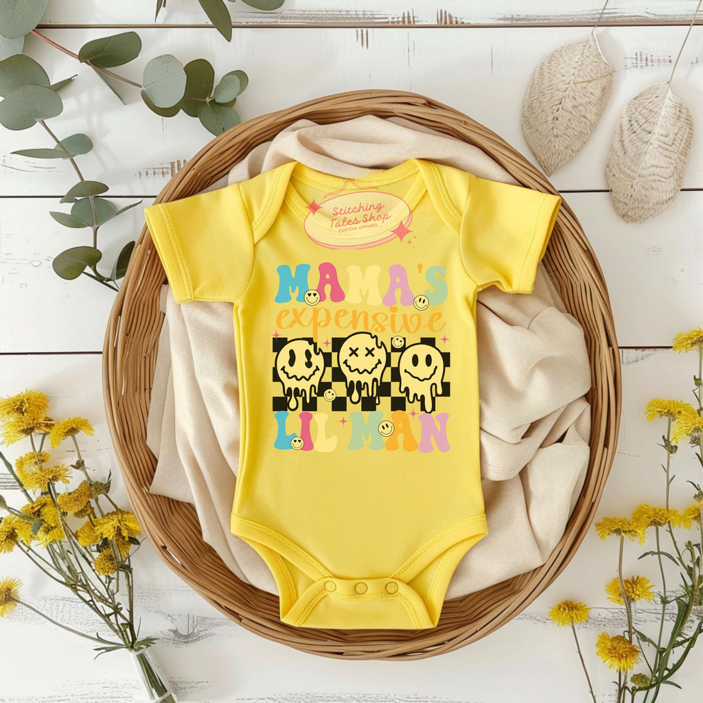 Mama's Expensive Lil Man Baby Onesie, Retro Smiley Bodysuit