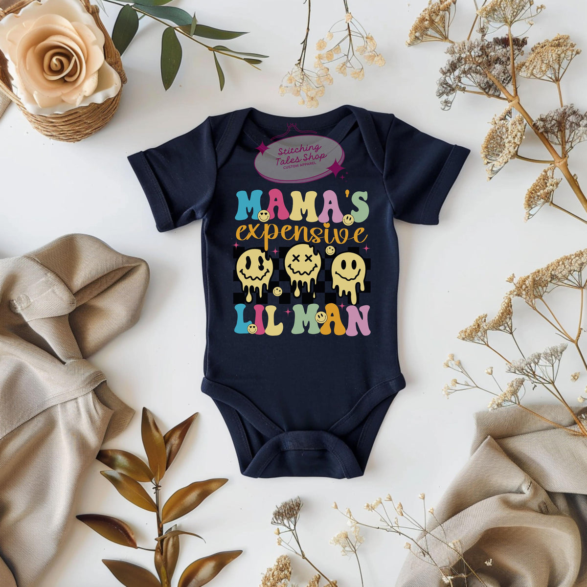Mama's Expensive Lil Man Baby Onesie, Retro Smiley Bodysuit
