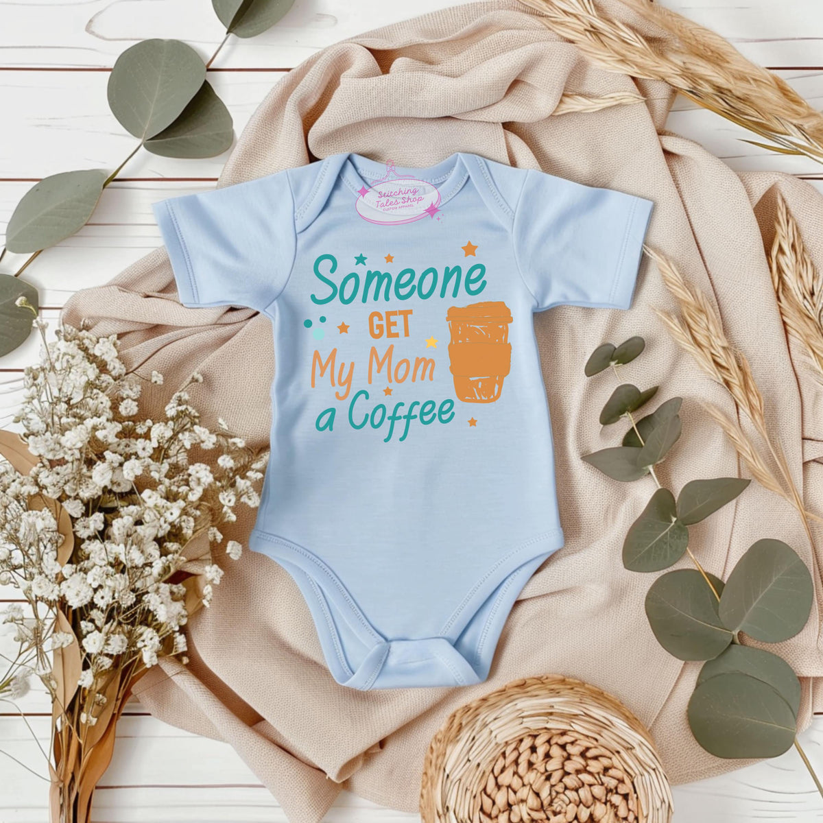 Someone Get My Mom a Coffee Baby Onesie, Funny Baby Shower Gift