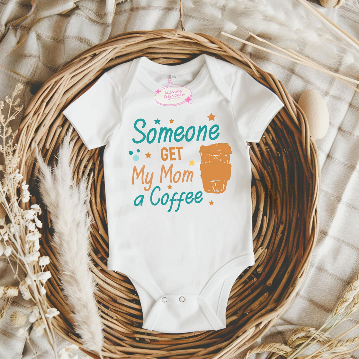 Someone Get My Mom a Coffee Baby Onesie, Funny Baby Shower Gift