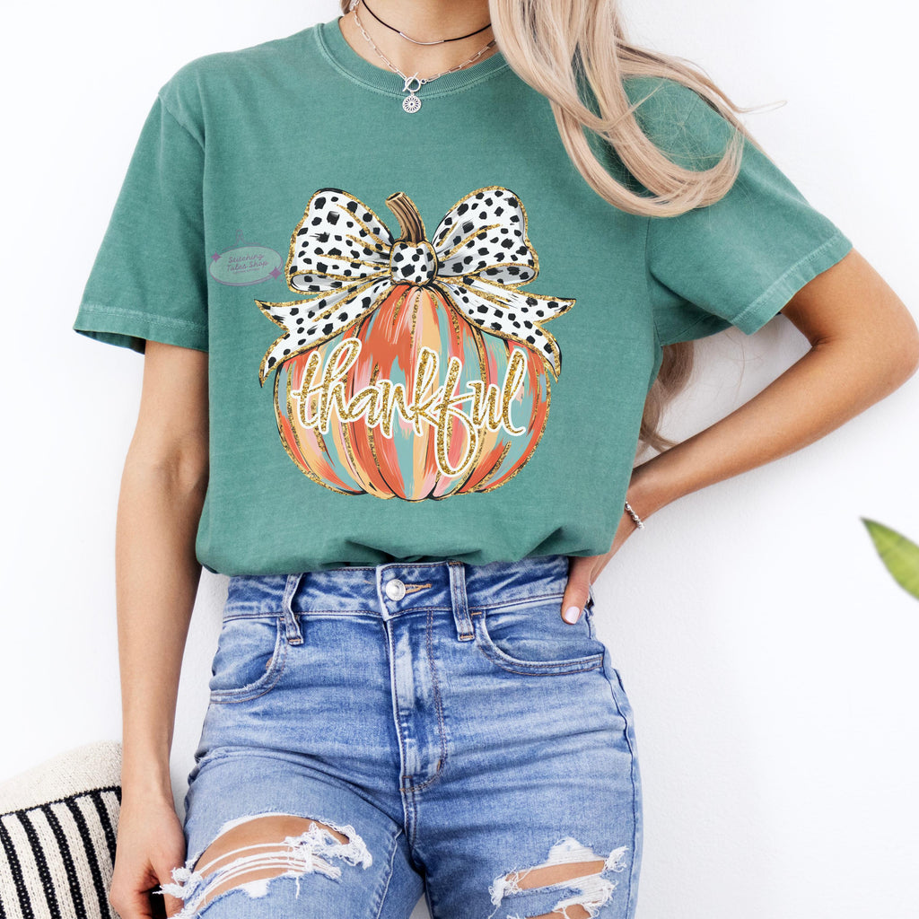 Thankful Pumpkin Comfort Colors Tee, Girly Fall Bow Shirt