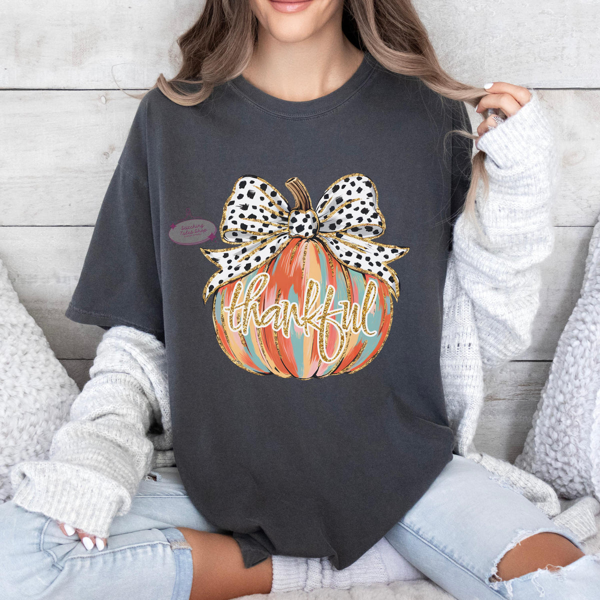 Thankful Pumpkin Comfort Colors Tee, Girly Fall Bow Shirt