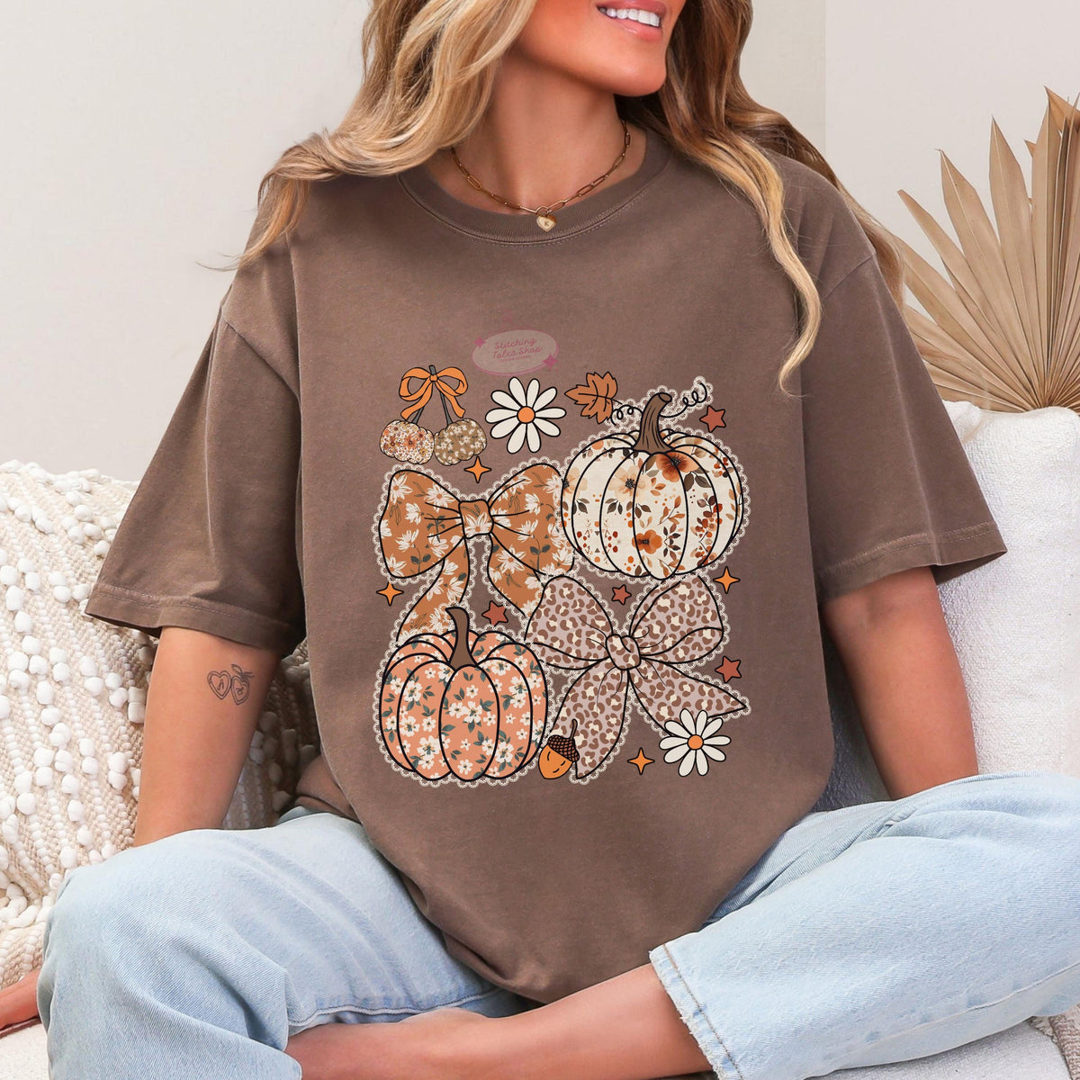 Floral Pumpkin Leopard Bow Sweatshirt, Cozy Autumn Top