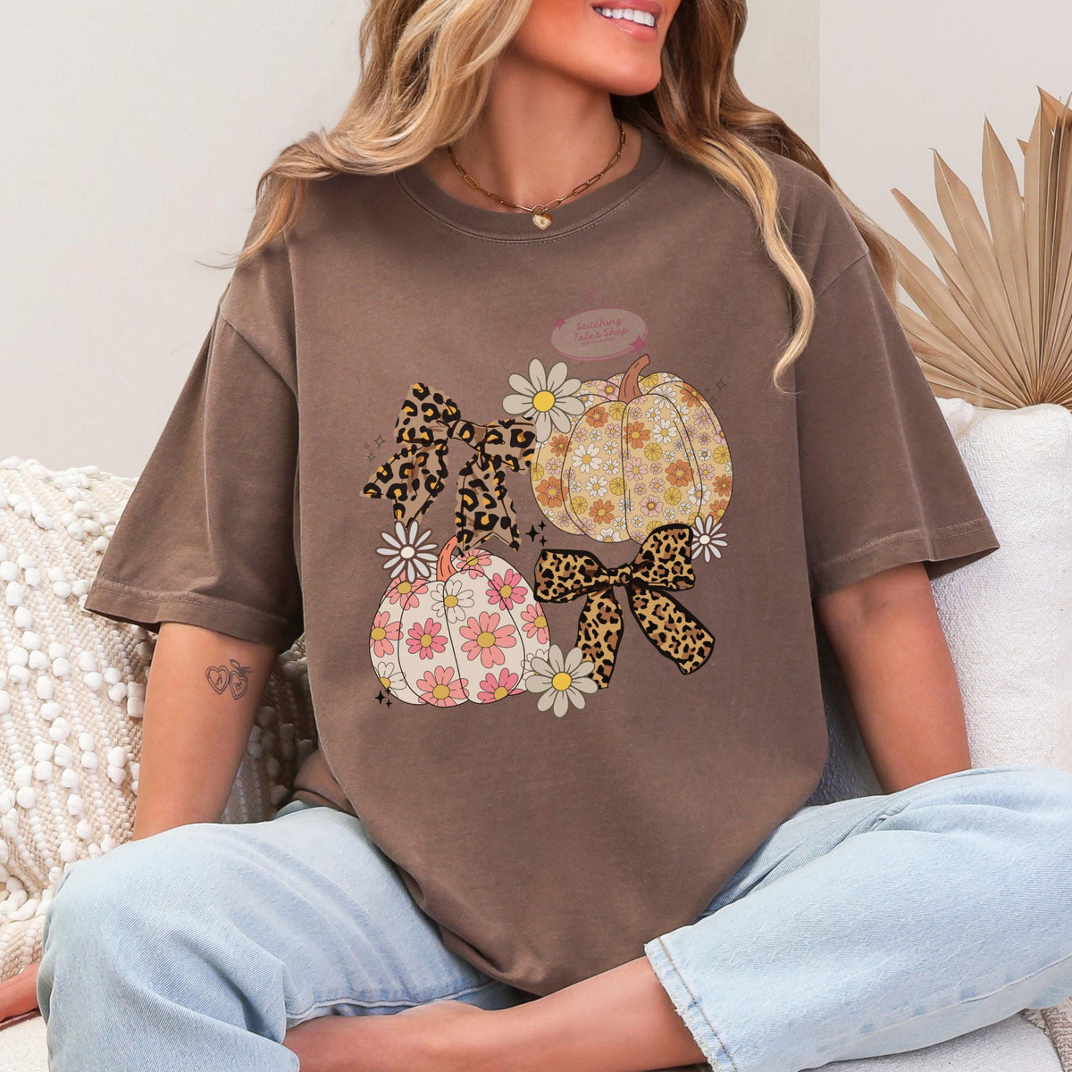 Retro Floral Pumpkin Bow Shirt, Cozy Fall Tee