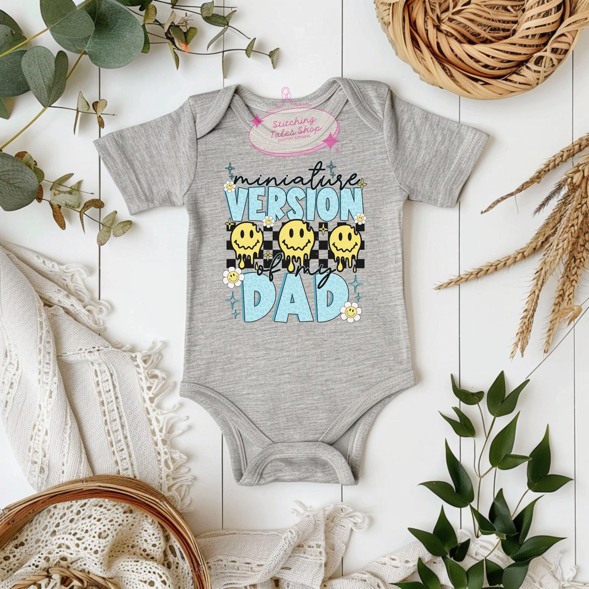 Miniature Dad Bodysuit, Retro Smiley Face Baby Outfit, Father's Day Gift