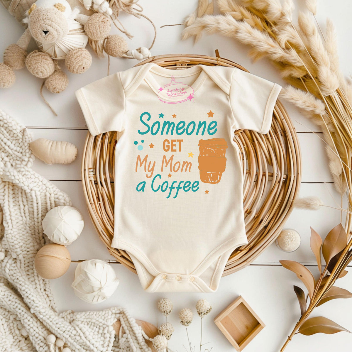 Someone Get My Mom a Coffee Baby Onesie, Funny Baby Shower Gift