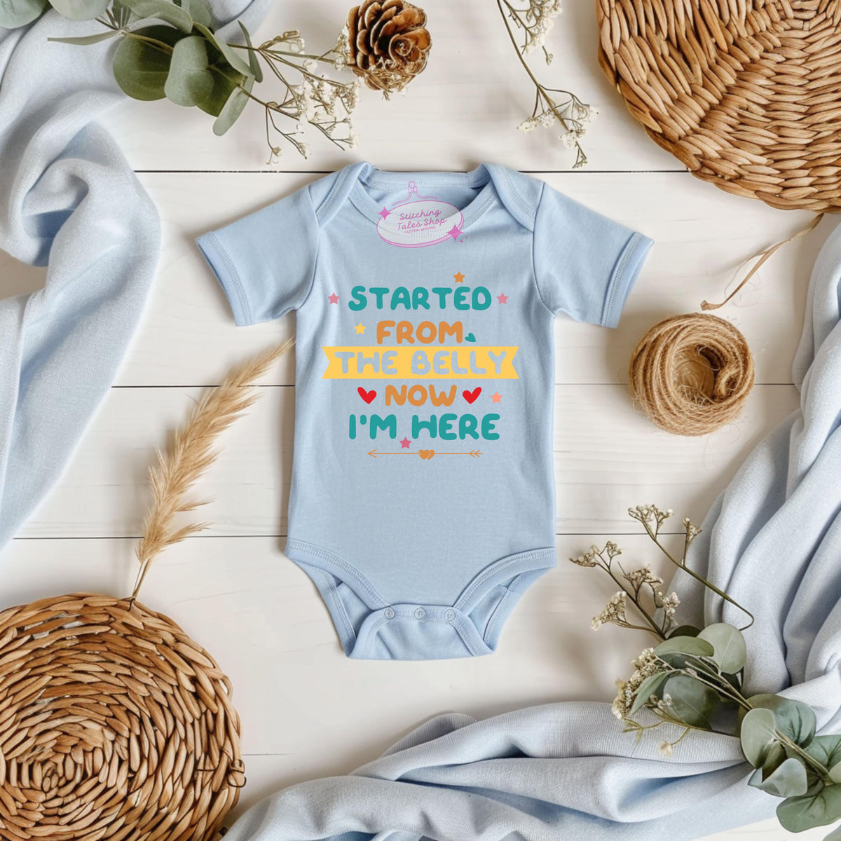 Started From The Belly Onesie, Funny Newborn Outfit, Baby Shower Gift