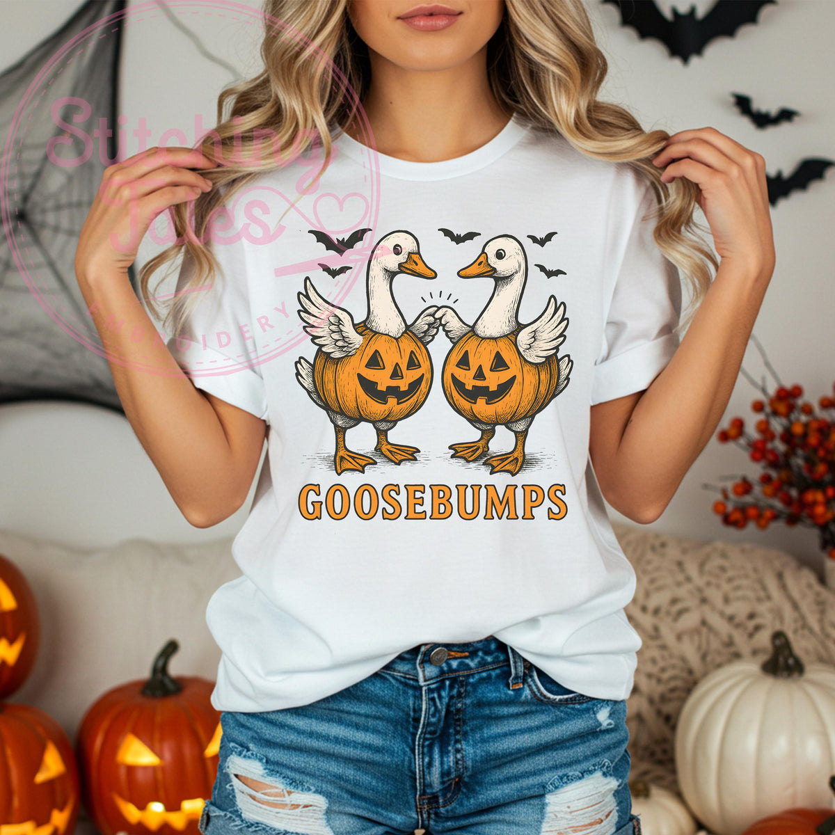 Goosebumps Halloween Tee, Comfort Colors Pumpkin Geese Shirt