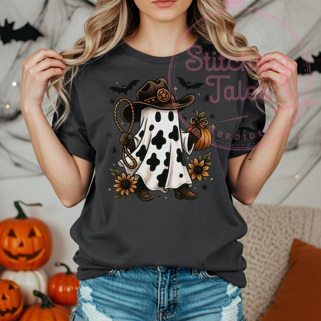 Cowprint Cowboy Ghost Comfort Colors Tee, Rustic Halloween Shirt